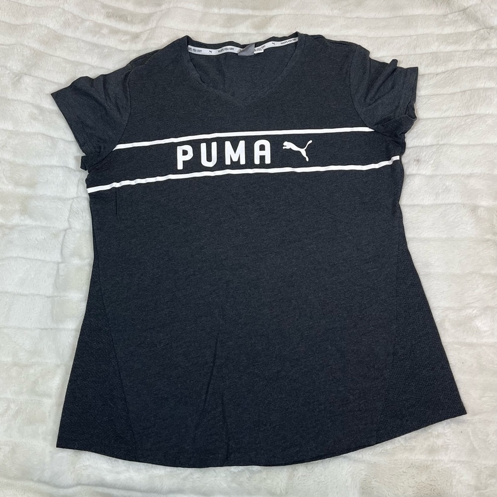 Puma Women’s M/L Grey White Mesh Back Active Casual Fall Spring Summer Tee Slim